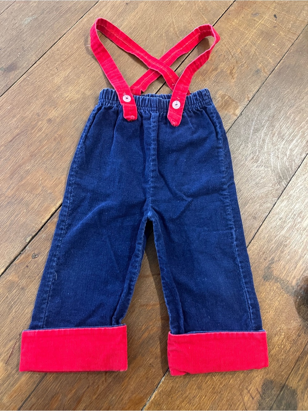 Vintage Royal Heir 1970s Navy Blue Corduroy Kids Pants with Red Suspenders